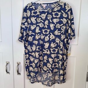 NWT LuLaRoe Irma Tunic Top Blue & Beige Disney Mouse Hands Women’s Size XS New